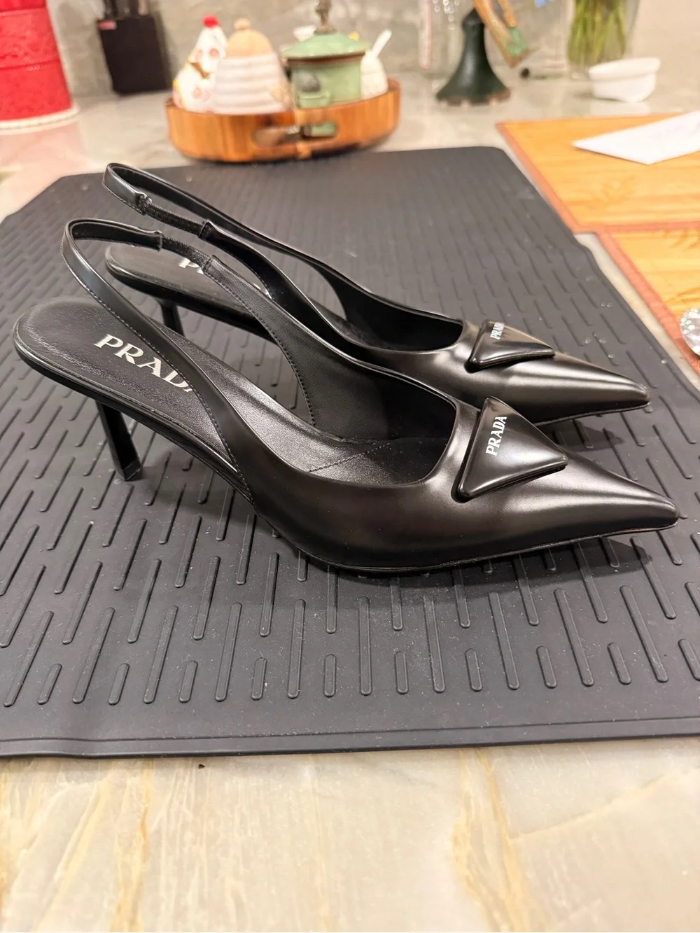 Prada Black Pointed Slingback Pumps with Logo Accent
